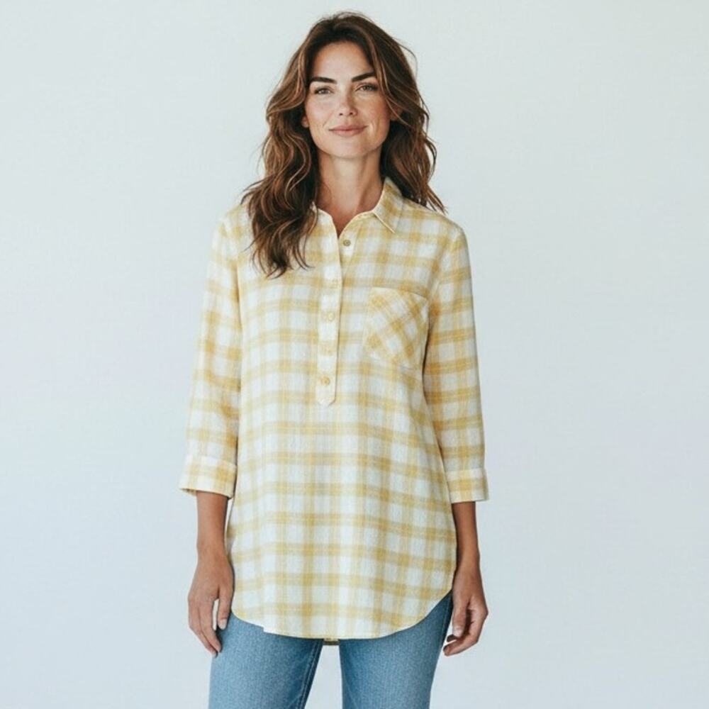 a.n.a A New Approach 1/2 Button Tunic Womens Size M Yellow Plaid w/ Patch Pocket